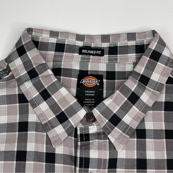 Dickies Shirt Button Plaid Black White Grey Long Sleeve Cotton Outdoor Work - Picture 4 of 16
